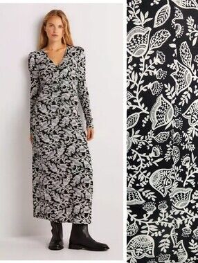 Boden Black & White Tulip Floral Print Ruched Jersey Midi Dress Women's Size 4R